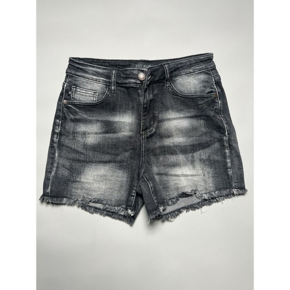 Judy Blue Mid Rise Dark Wash Gray Denim Cut Off Shorts Frayed Hem Women's S